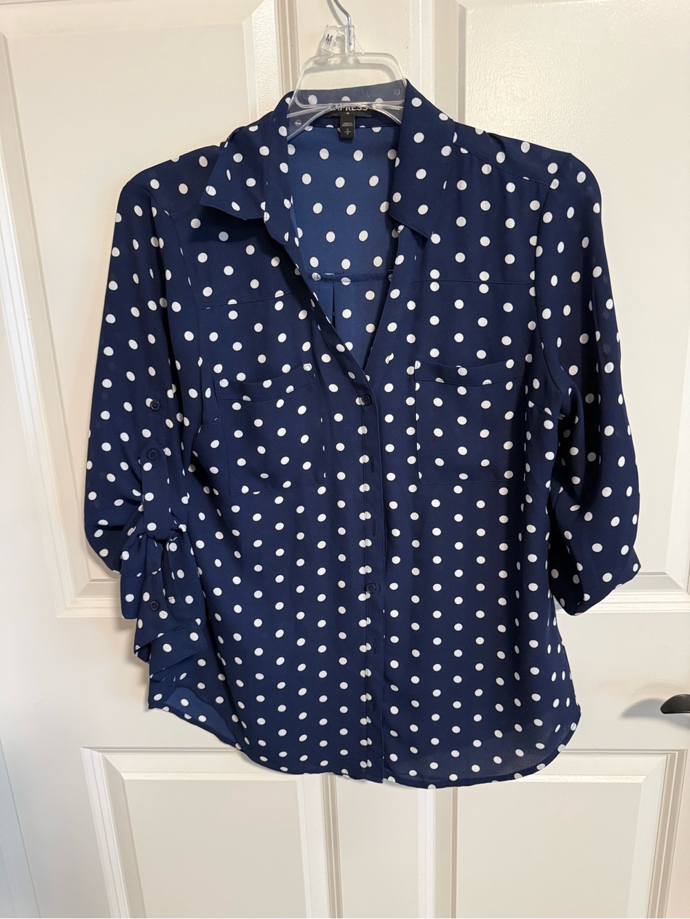 Express Navy and White Polka Dot Button-Down Shirt